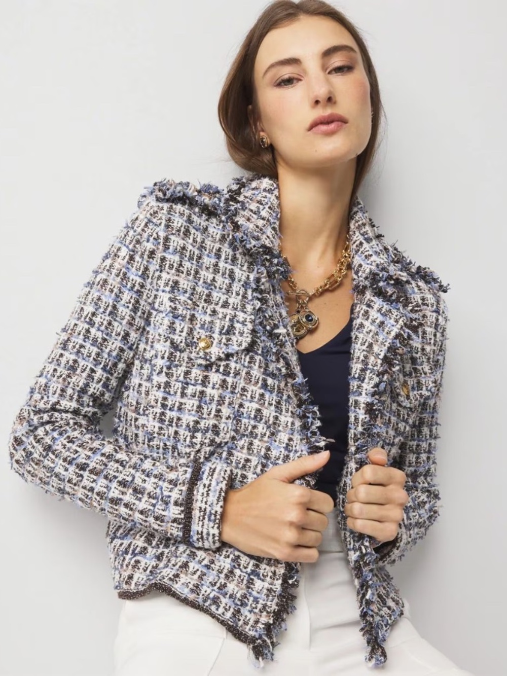 WHBM Tweed Sweater Jacket NWOT Size XS Blue, brown, white, sparkle tweed.